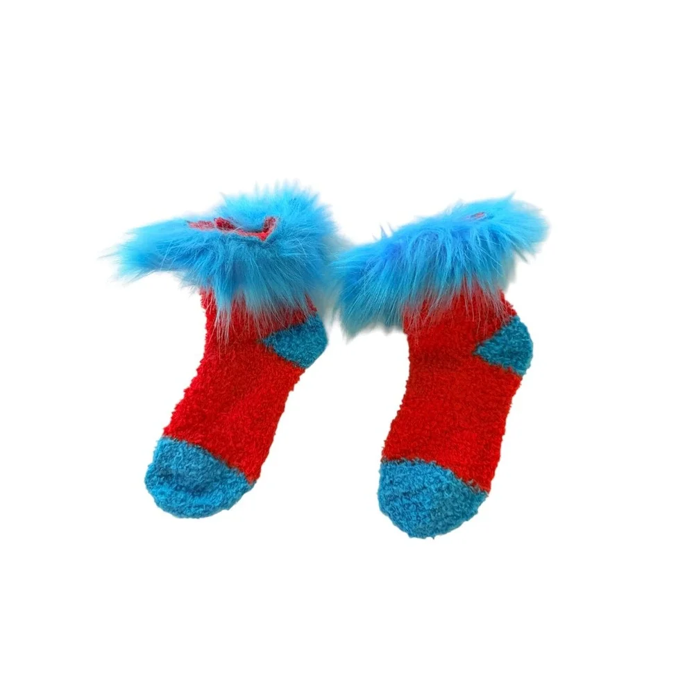 Unbranded Fuzzy Socks Kids Small Red Blue Excellent Faux Fur Trim Dr Seuss Style